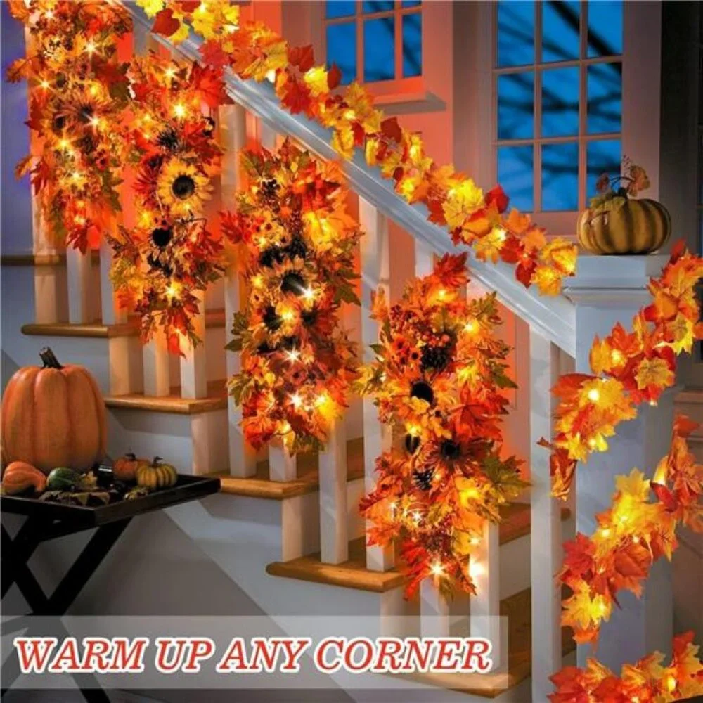 2 Pack Fall Decor Maple Leaves Garland with Lights Battery Operated Fall